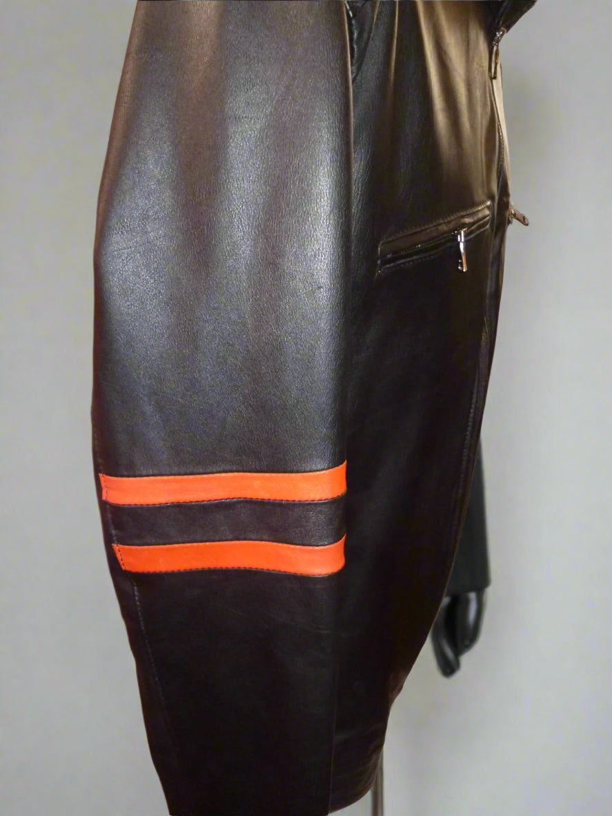 Orange Stripe Black Leather Jacket – Bold Design with Premium Leather